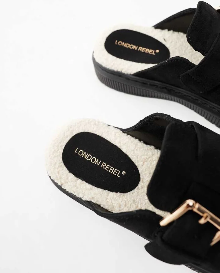 London Rebel Donna buckle mules in black - Image 4