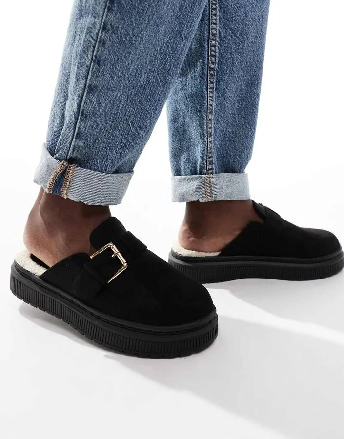 London Rebel Donna buckle mules in black