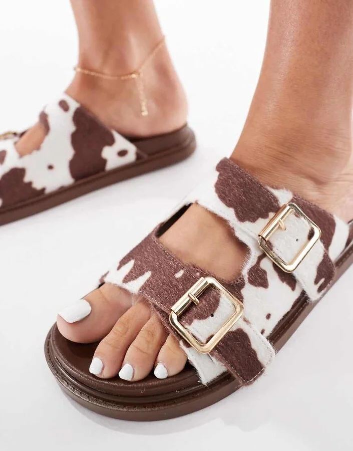 London Rebel double buckle detail sandals in cow print - Image 2