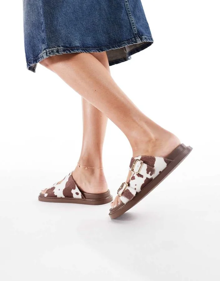 London Rebel double buckle detail sandals in cow print - Image 3