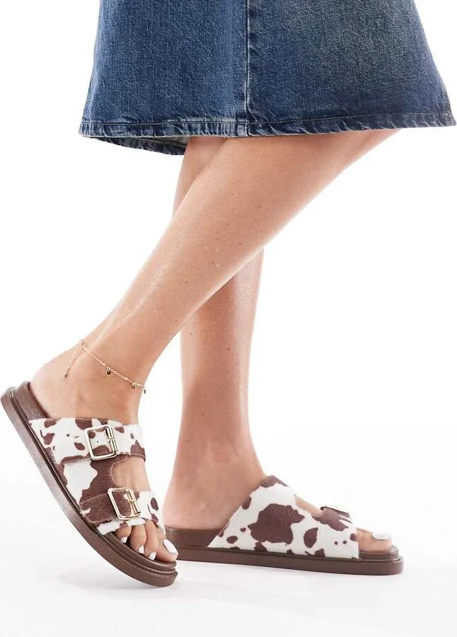 London Rebel double buckle detail sandals in cow print
