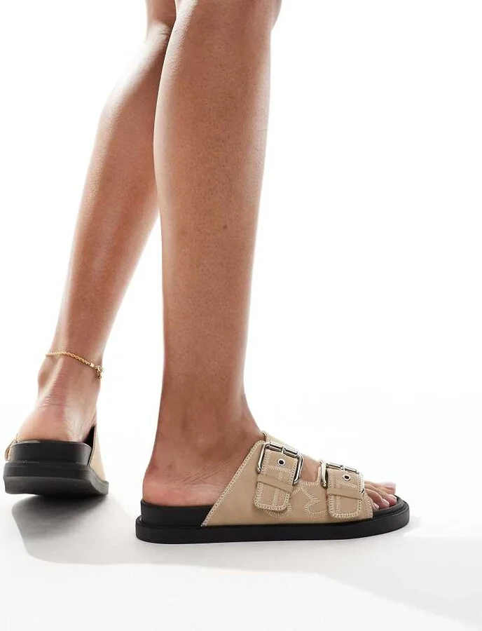 London Rebel double strap buckle detail sandals in taupe - Image 2