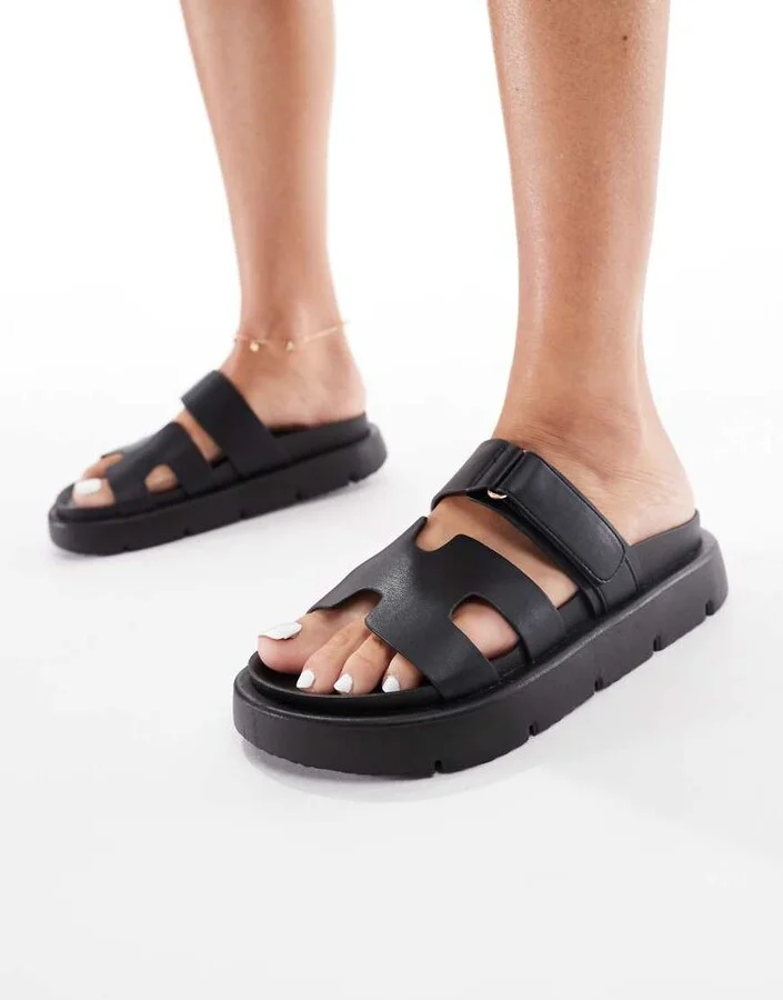 London Rebel double strap sandals in black
