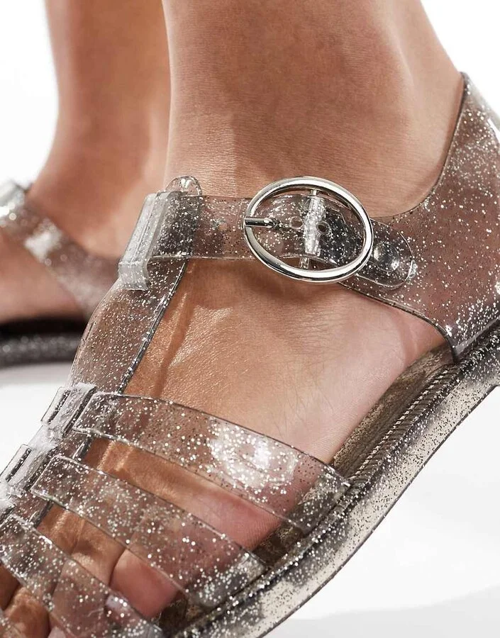 London Rebel Evie flat jelly shoes in black glitter - Image 2