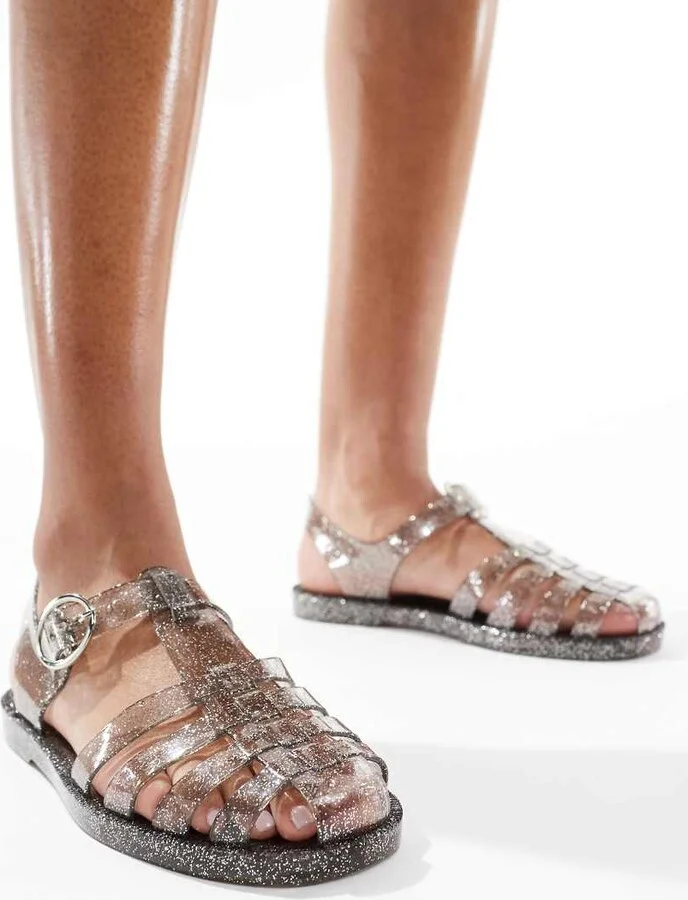 London Rebel Evie flat jelly shoes in black glitter - Image 4