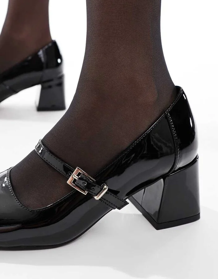 London Rebel Hazel mid block heeled shoes in patent black - Image 3