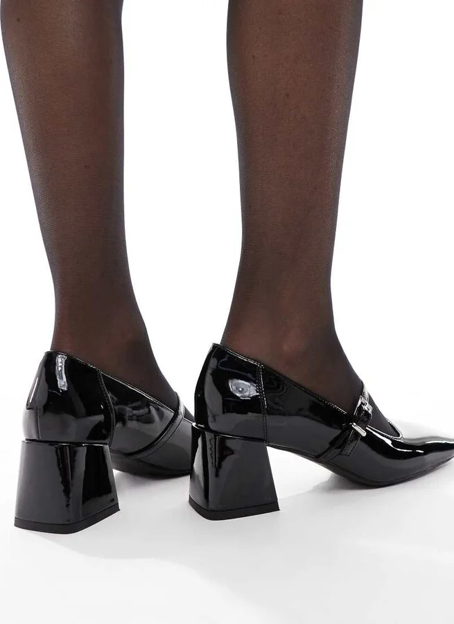 London Rebel Hazel mid block heeled shoes in patent black - Image 4