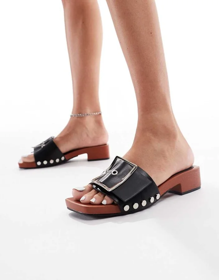 London Rebel heeled sandals with buckle detail in black faux leather
