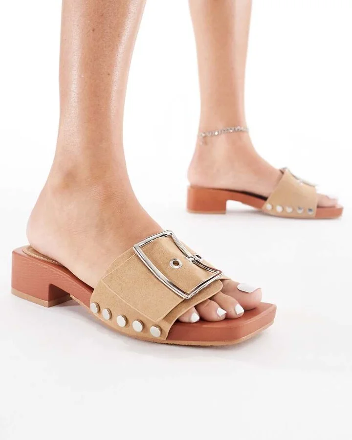 London Rebel heeled sandals with buckle detail in taupe faux suede