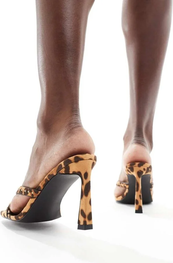 London Rebel Jamie studded strappy heeled mule sandal in leopard - Image 3