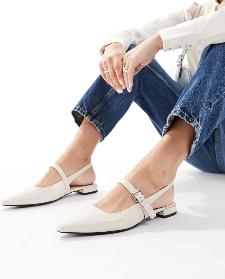 London Rebel Luna slingback pointed toe flats in ecru