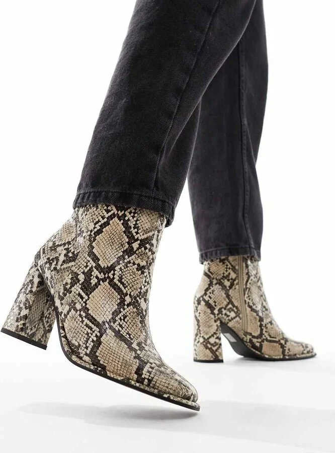 London Rebel Maddie block heel ankle boots in snake