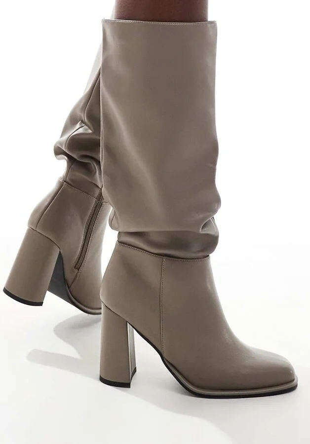 London Rebel Maggie slouchy block heel boots in taupe - Image 4