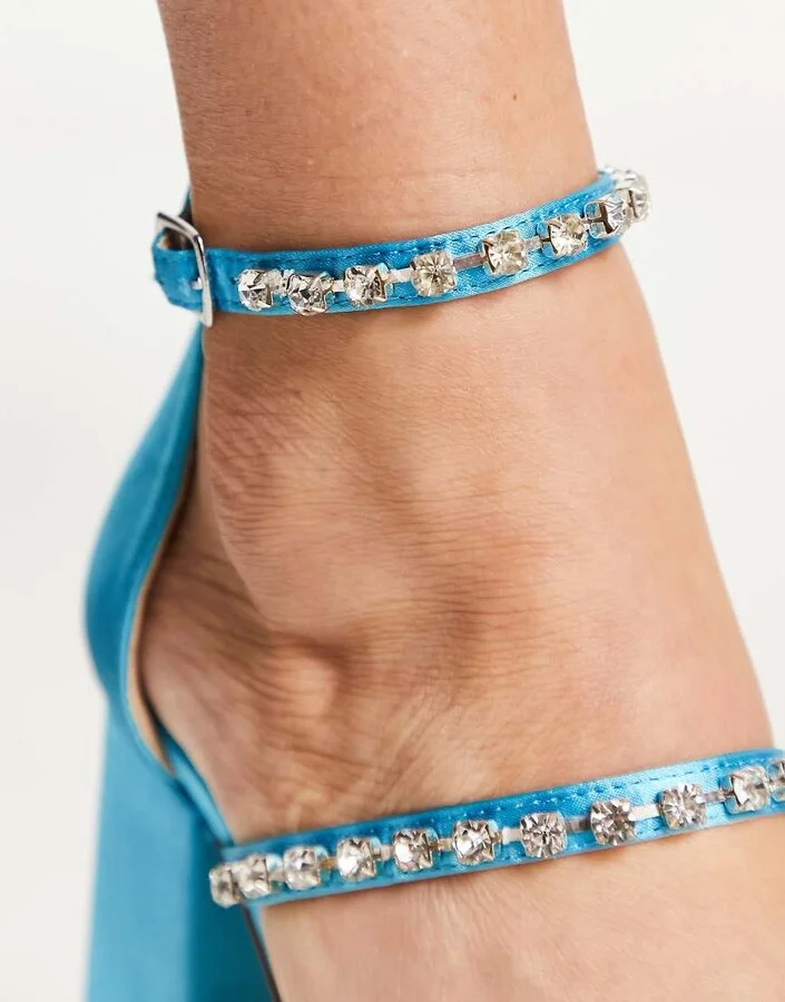 London Rebel mega platform embellished heeled shoes in blue satin - Image 2