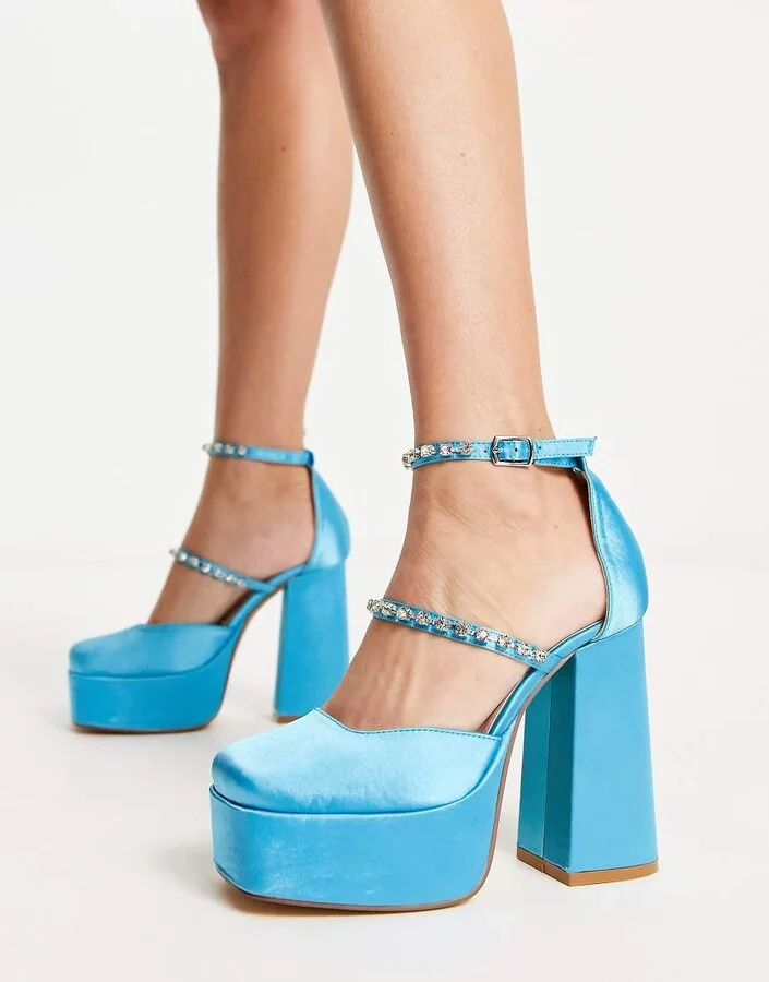 London Rebel mega platform embellished heeled shoes in blue satin - Image 3