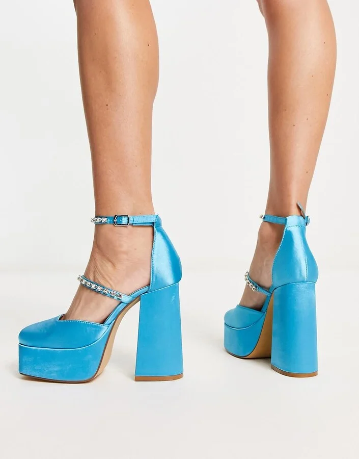 London Rebel mega platform embellished heeled shoes in blue satin - Image 4