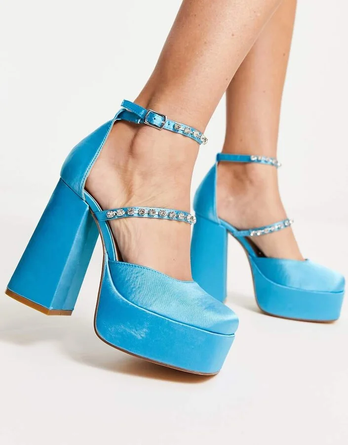 London Rebel mega platform embellished heeled shoes in blue satin