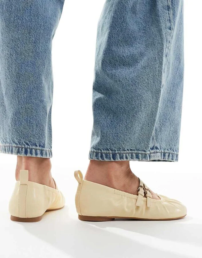 London Rebel Mia strappy ruched ballet flats in buttermilk yellow - Image 2