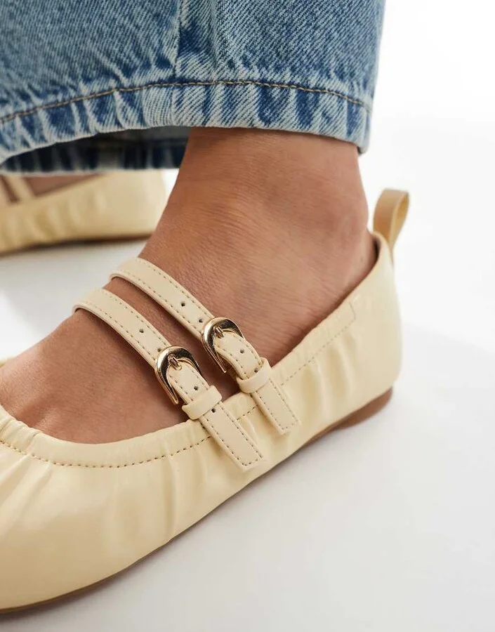 London Rebel Mia strappy ruched ballet flats in buttermilk yellow - Image 3