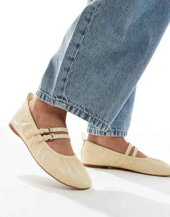 London Rebel Mia strappy ruched ballet flats in buttermilk yellow - Image 4