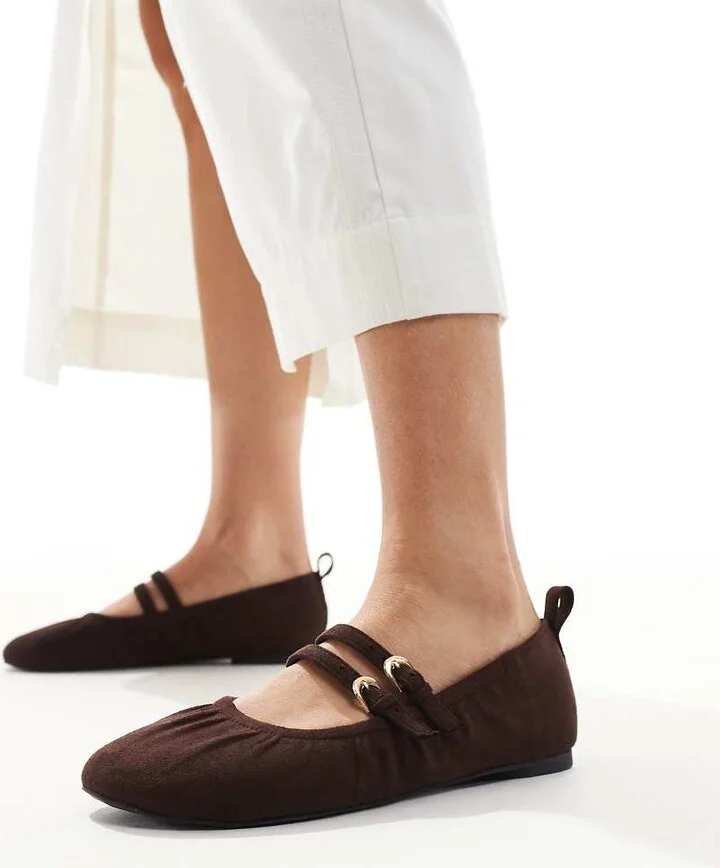 London Rebel Mia strappy ruched ballet flats in chocolate