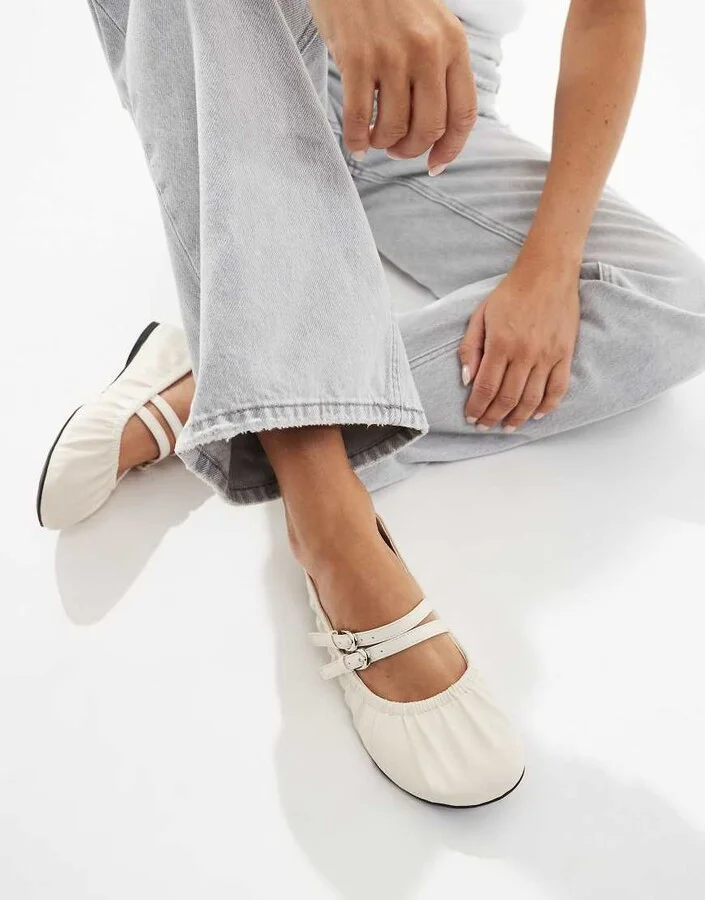 London Rebel Mia strappy ruched ballet flats in ecru