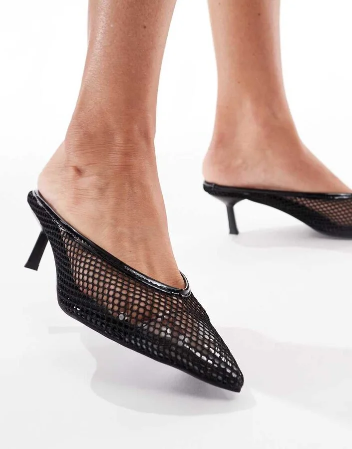 London Rebel mule sandals with kitten heel in black mesh - Image 2