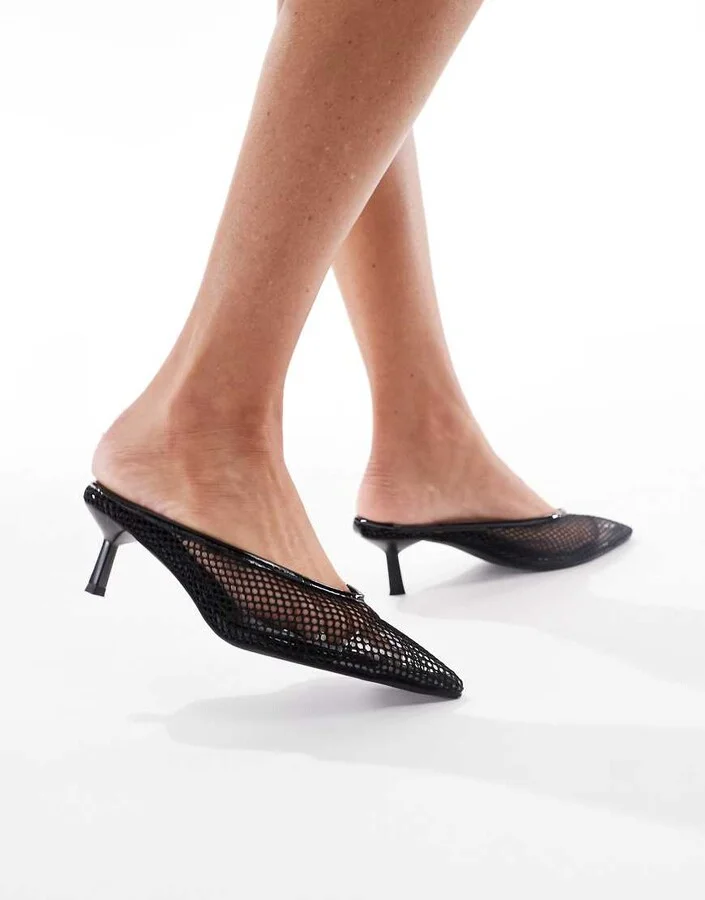 London Rebel mule sandals with kitten heel in black mesh