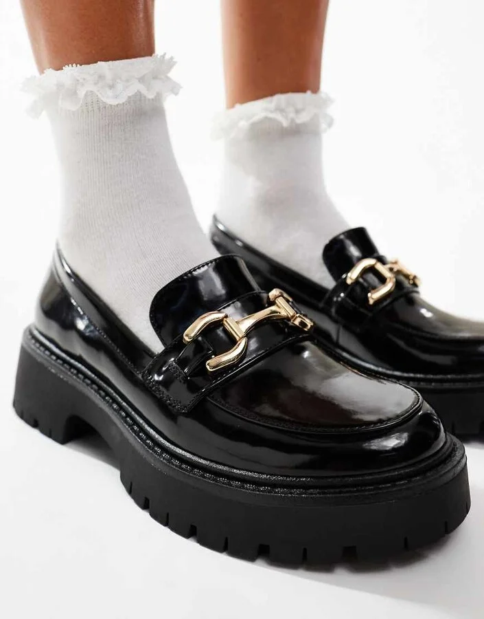 London Rebel Perdy metal trim chunky loafers in black - Image 3