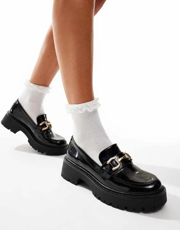 London Rebel Perdy metal trim chunky loafers in black - Image 4