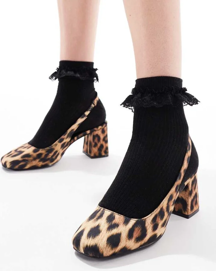 London Rebel slingback block heel mules in patent leopard