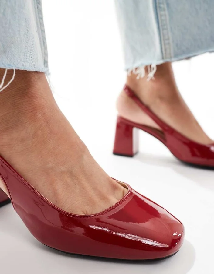 London Rebel slingback block heel mules in patent red - Image 2