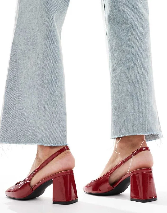 London Rebel slingback block heel mules in patent red - Image 3