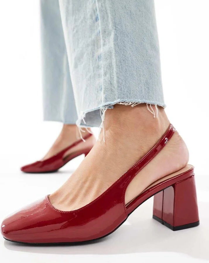 London Rebel slingback block heel mules in patent red - Image 4