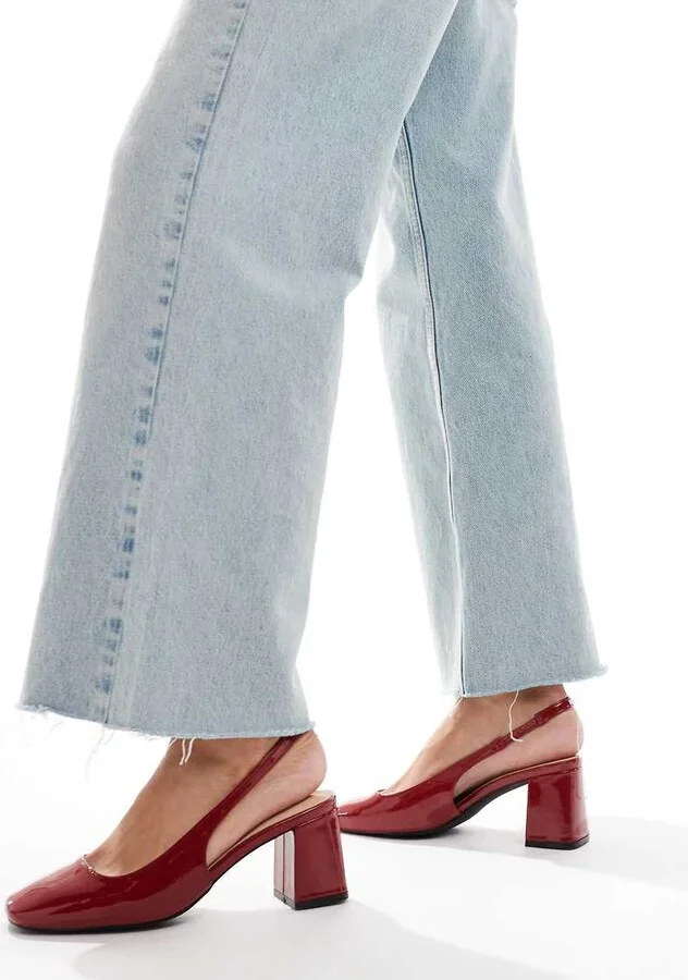 London Rebel slingback block heel mules in patent red
