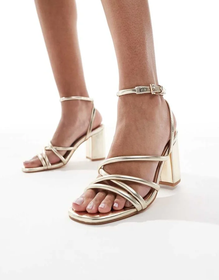 London Rebel strappy block heeled sandals in gold - Image 3