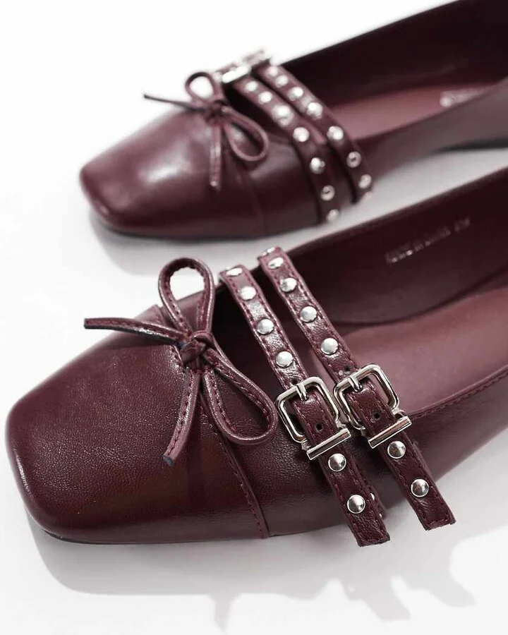 London Rebel studded buckle ballet shoe in patent burgundy - Image 3