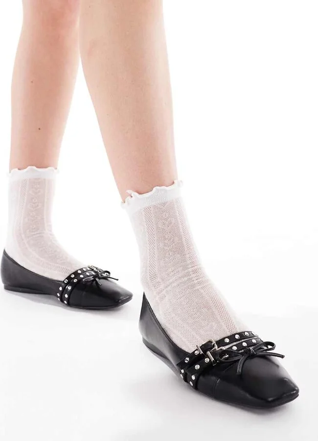 London Rebel studded buckle ballet shoes in patent black - Image 2