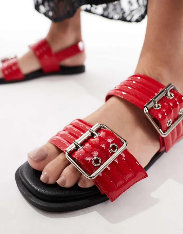 London Rebel studded buckle detail sandals in red - Image 2