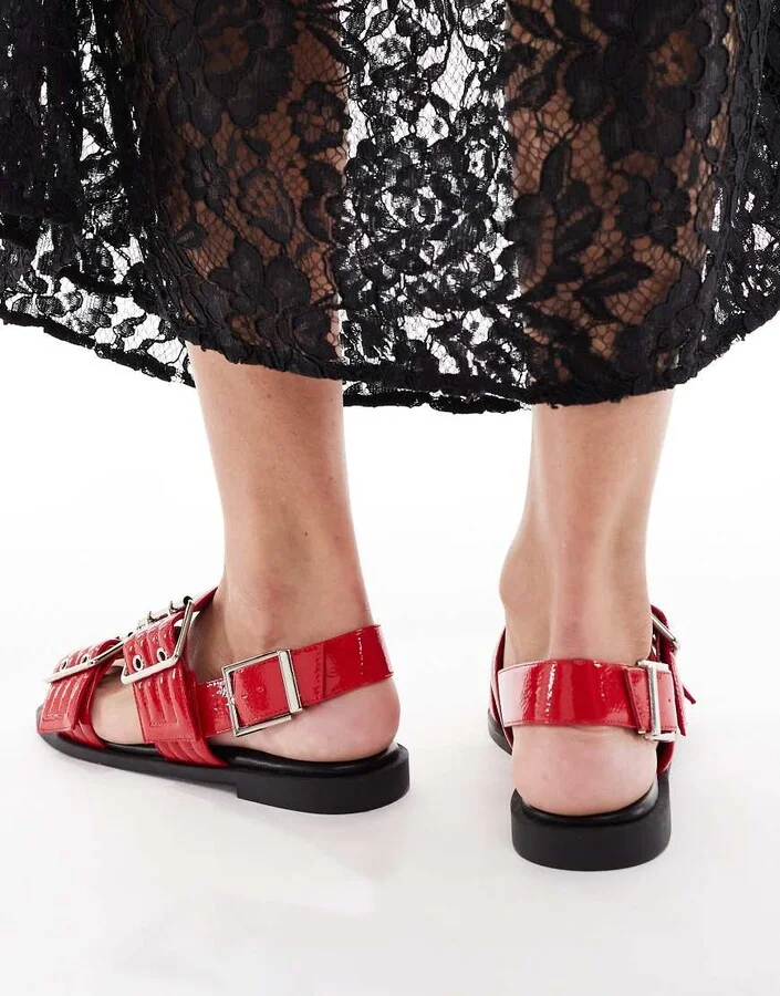 London Rebel studded buckle detail sandals in red - Image 3