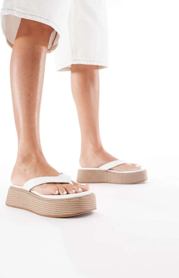 London Rebel thong flatform espadrille sandals in white PU