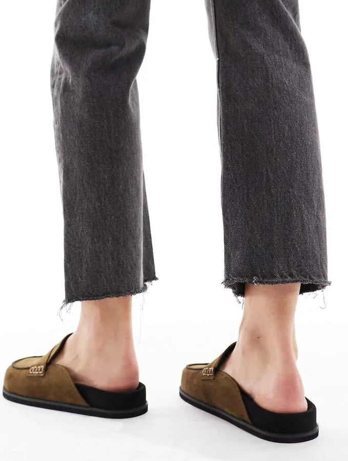 London Rebel Violet slip on mules in olive suedette - Image 2