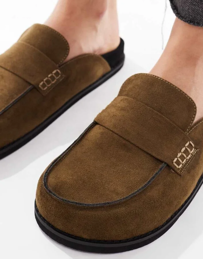 London Rebel Violet slip on mules in olive suedette - Image 3