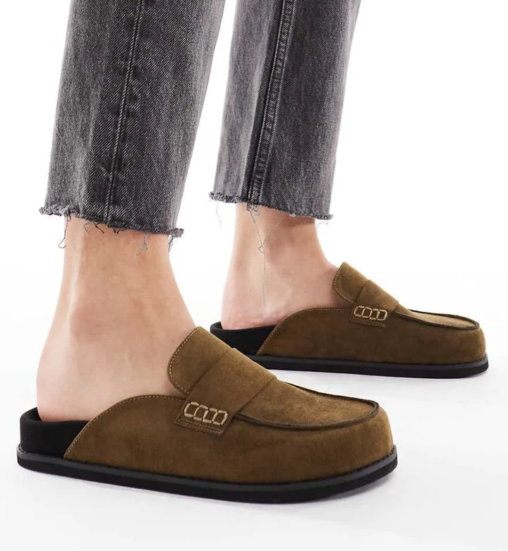 London Rebel Violet slip on mules in olive suedette