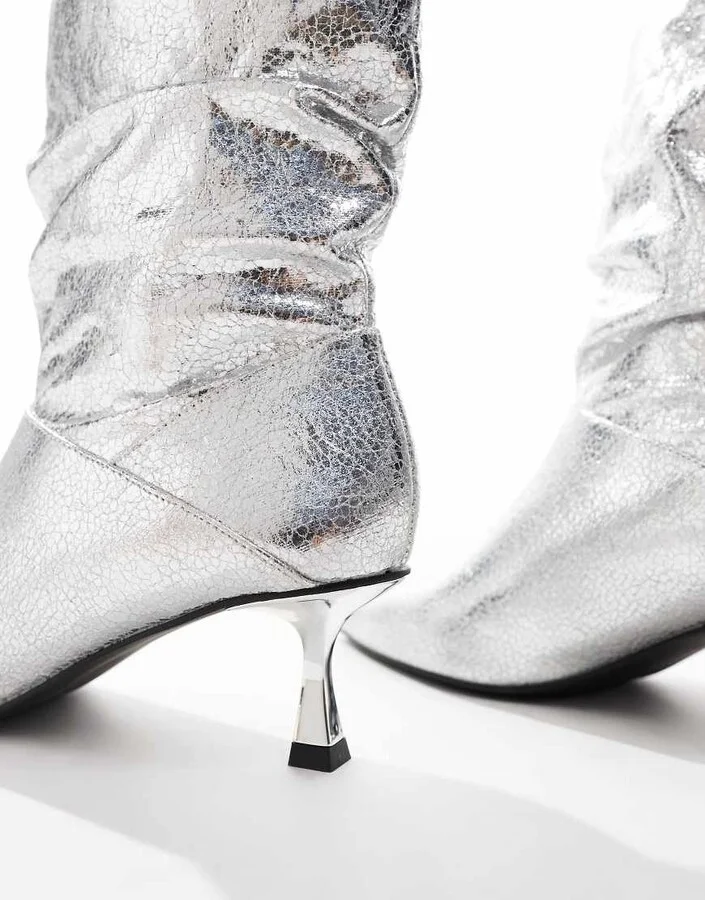 London Rebel Whitney slouchy kitten heel boots in silver - Image 2