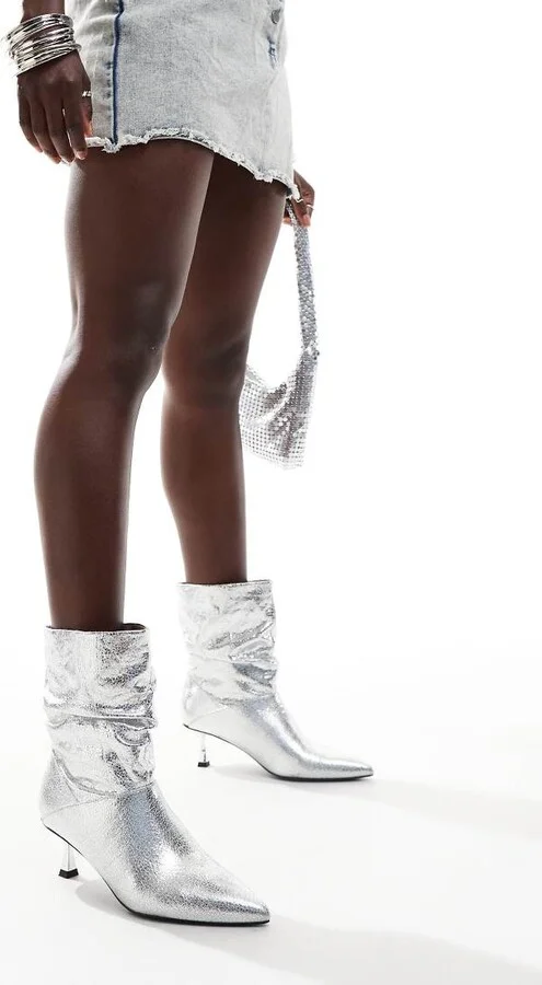 London Rebel Whitney slouchy kitten heel boots in silver