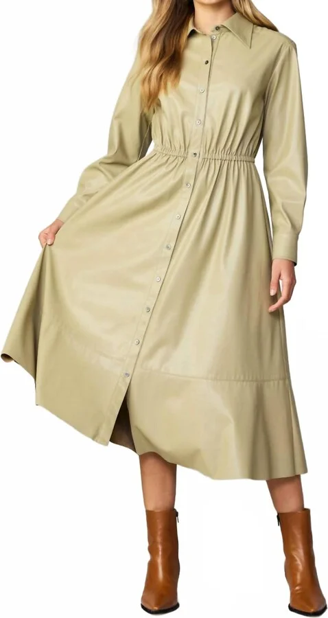 Long Sleeve Faux Leather Midi Dress In Soft Fern