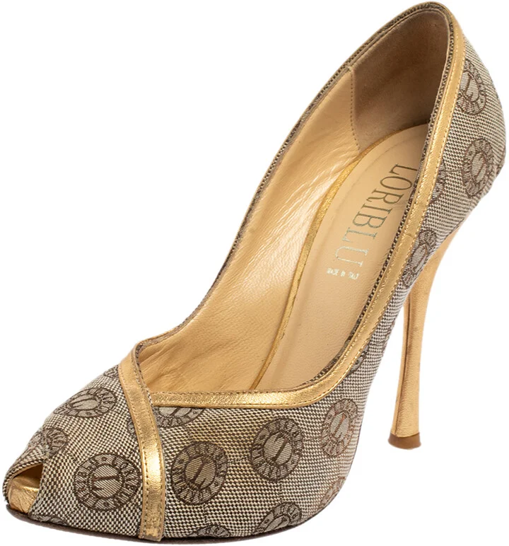 Loriblu Beige Canvas Monogram Peep Toe Pumps Size 38