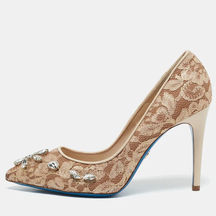 Loriblu Beige Lace Crystals Embellished Pointed Toe Pumps Size 38.5