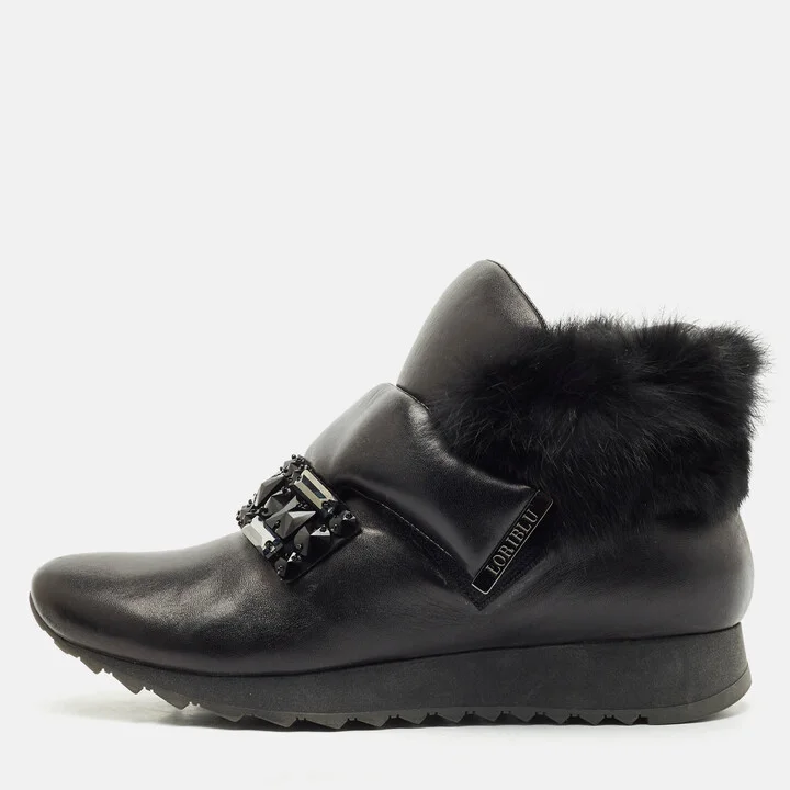 Loriblu Black Faux Fur and Leather Crystals Embellished Sneakers Size 41